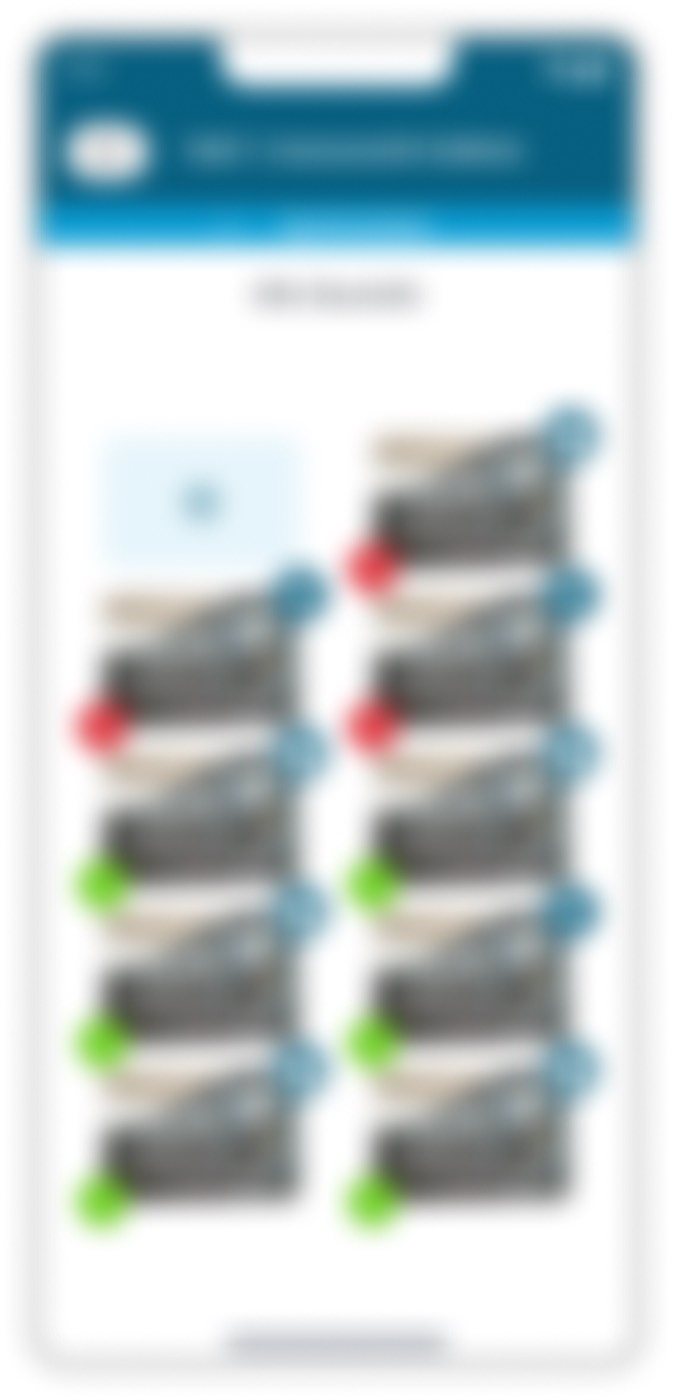 Blurred photo gallery with tiles of captured photos, each with a green or red upload status, and a tile for adding more