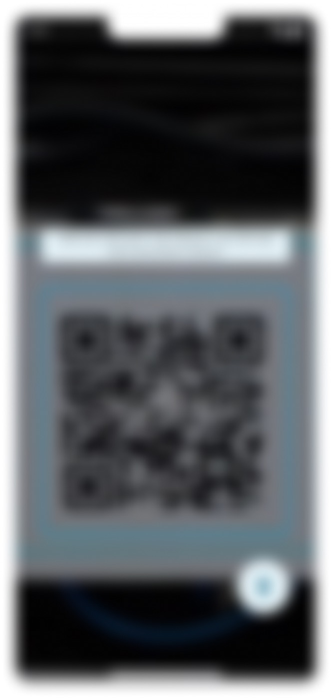 Blurred scan screen with camera image, a highlighted scan frame around a QR code and a hint text above it