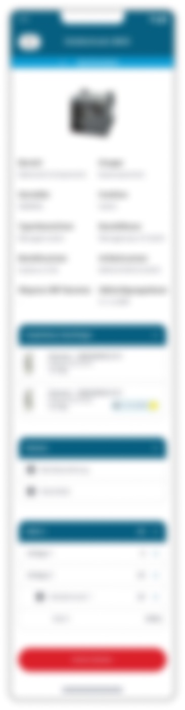 Blurred component detail page with a status badge at the top, a block of names and numbers, and sections for successors and documents