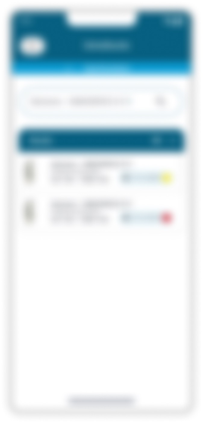 Blurred search screen with a search field and two results, each with a thumbnail and a coloured status dot