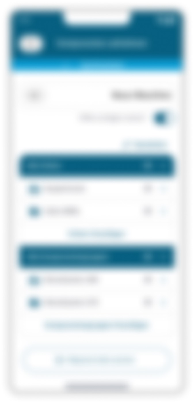 Blurred screen of the plant structure: breadcrumb at the top, a list of plant levels with a sync icon per row, and an action button at the bottom