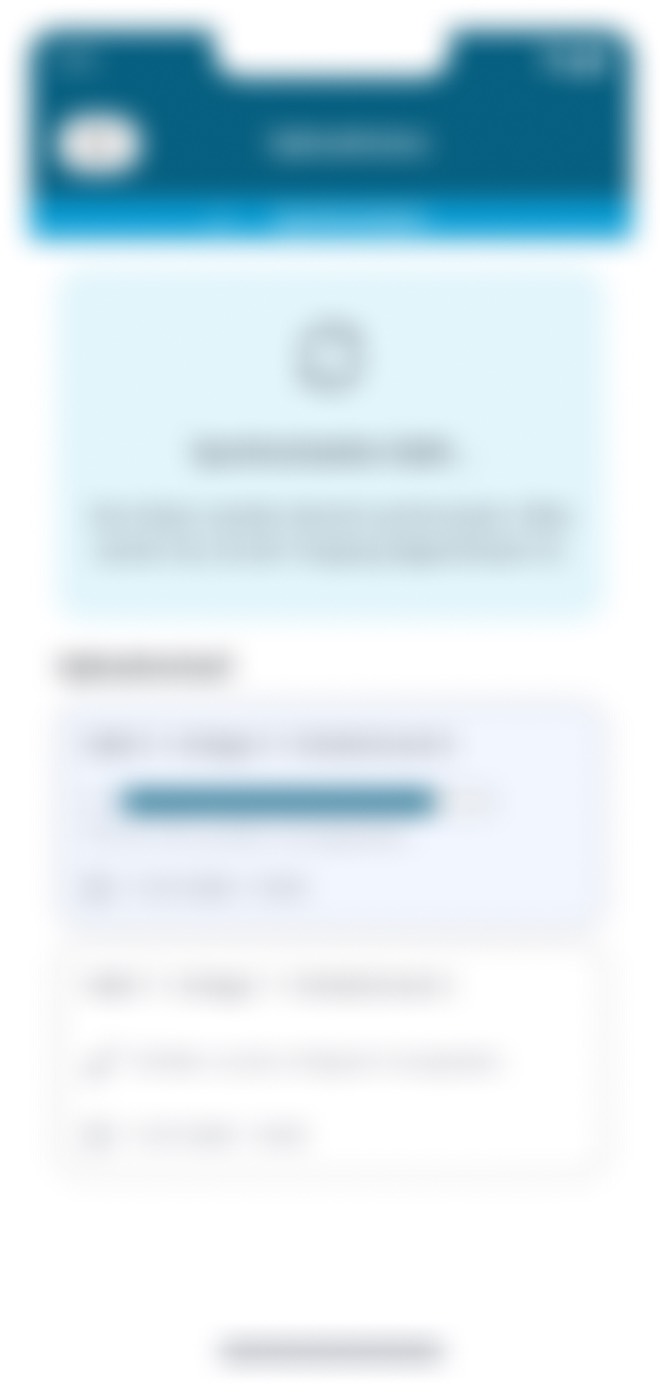 Blurred synchronisation screen with status sections for photos and component data and an action button at the bottom
