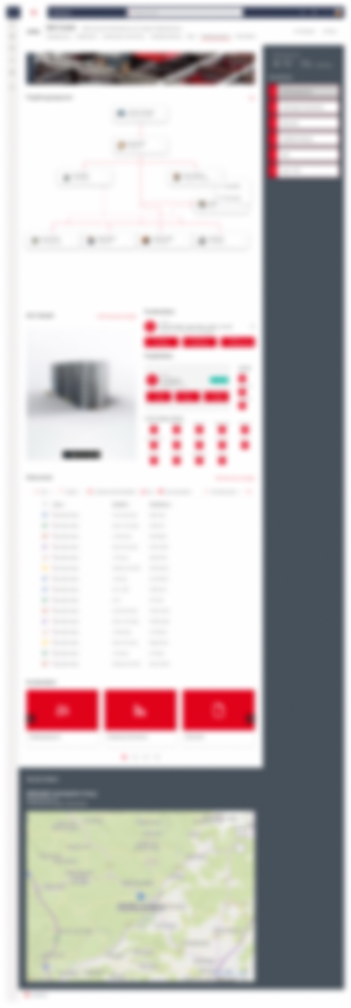 Interactive org chart with an open context menu on a person; below it 3D building view, quick links and document list (blurred)