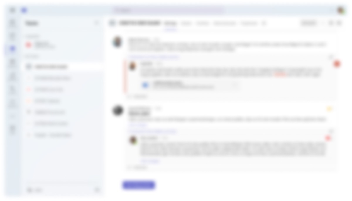 Microsoft Teams with a project's channel and posts from the project team (blurred)