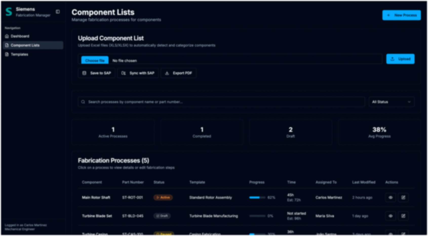 Oberfläche „Component Lists“ mit Upload-Bereich für Excel-Dateien und einer Tabelle hochgeladener Stücklisten mit Status und Fortschritt; Daten fiktiv