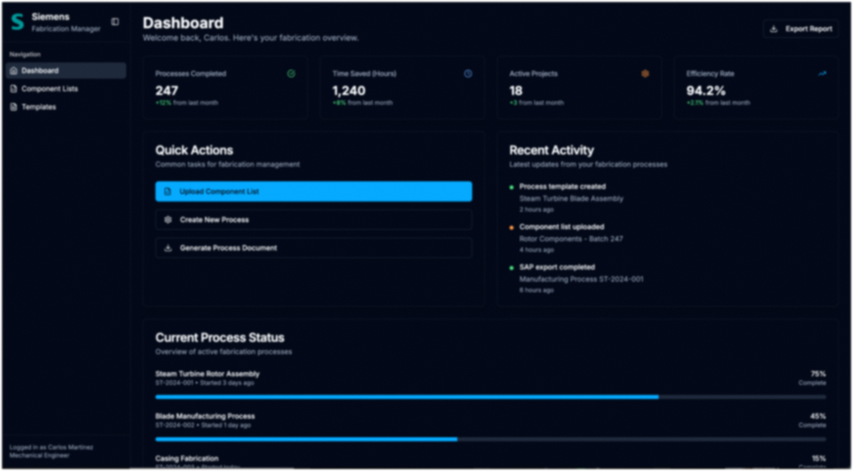 Dashboard „Fabrication Manager“ mit Kacheln für abgeschlossene Prozesse, eingesparte Stunden, aktive Projekte und Effizienzrate, Schnellaktionen und Fortschrittsbalken laufender Prozesse; Daten fiktiv