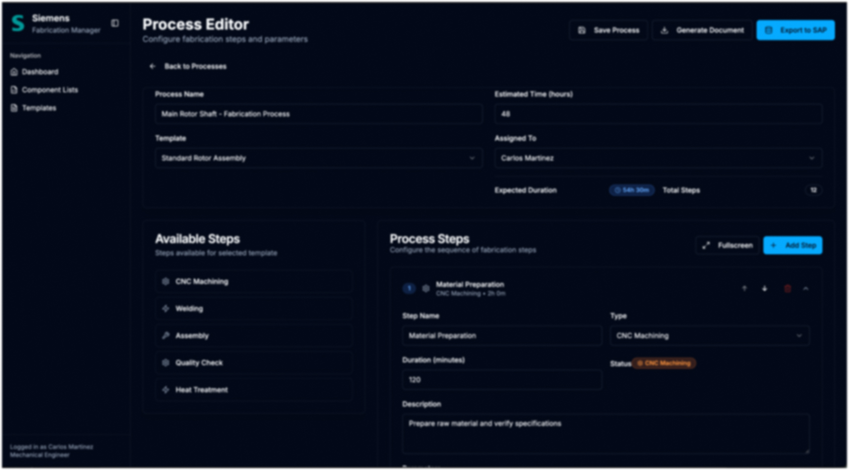Prozess-Editor mit verfügbaren Schritttypen links (CNC-Bearbeitung, Schweißen, Montage, Qualitätsprüfung, Wärmebehandlung), Schrittliste in der Mitte und Vorschau rechts; Daten fiktiv