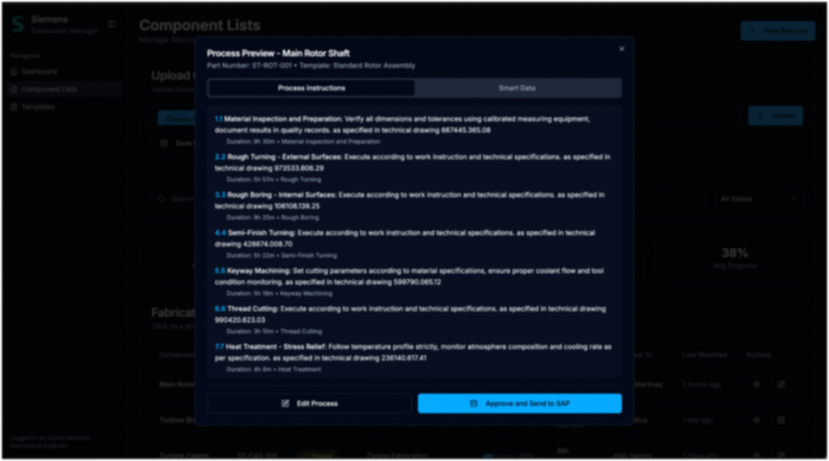 Dialog „Process Preview“ für eine Rotorwelle mit nummerierten Arbeitsschritten von Materialprüfung über Drehen und Bohren bis Wärmebehandlung, jeweils mit Dauer, und Buttons „Edit Process“ und „Approve and Send to SAP“; Daten fiktiv
